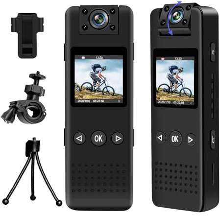 Mini Body Cam HD 1080P, Action Cam Portatile, Telecamera Casco Moto con Audio Rotazione di 180°con Visione Notturna Rilevamento del Movimento per Vlog, Ciclismo, ecc. Attività al chiuso/all'aperto