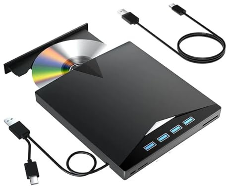 TIEOAXFT External CD DVD Drive with 4 USB Ports and 2 TF/SD Card Slots, USB 3.0 Portable CD/DVD Disk Drive Player Burner Reader Writer