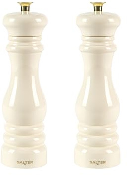 Salter Chester Salt & Pepper Mills – Set of 2, Universal Ceramic Grind, Adjustable from Fine to Coarse, Refillable, Manual Twist Grinders for Cooking, Extra Caps Included, High Gloss Acrylic, Cream | Adjustable Fine To Coarse Grind, Ceramic Grinding Mechanism, Refillable Design, Extra End Caps For Salt Or Pepper