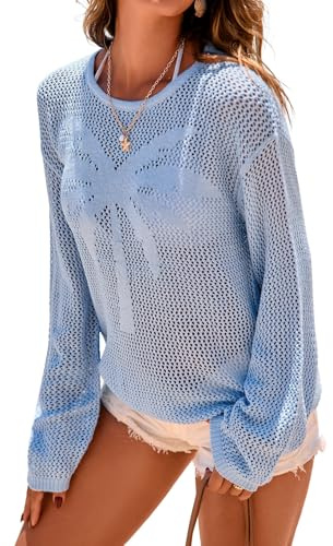 Dokotoo Womens 2026 Summer Crochet Long Sleeve Sweaters Casual Crewneck Pullover Shirt Boho Tops for Women Beach Cover ups for Women Sky Blue Medium