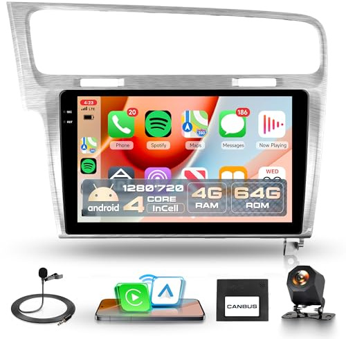 4G+64G Inalámbrico Carplay Android Radio Coche para VW Golf 7 2013-2018 10.1 Pulgadas Incell Pantalla Táctil Radio con Android Auto GPS Navi WiFi Mirror Link Bluetooth FM/RDS EQ/USB/SWC Cámara Trasera