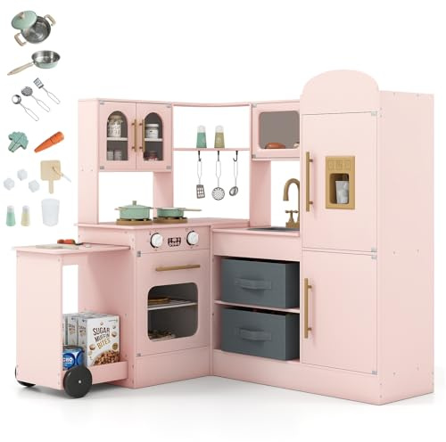 GOPLUS Kinderküche, Spielküche Holz mit Licht & Sound, Eck Puppenküche mit ausziehbarem Wagen, Stoffkörben, Spüle, Herd, Kühlschrank, Ofen & Zubehör, Spielzeugküche für Kinder ab 3 Jahren (Rosa)