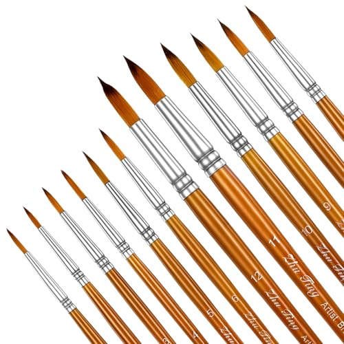 JJUNW 12 Pcs Round Watercolor Brushes, Artist Watercolor Painting Brushes | Brown Watercolor Paint Brushes Round Paint Brushes Detail Paint Brushes for Acrylics Gouache Oil