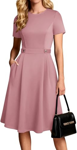 GRACE KARIN Abito da donna a trapezio, elegante, scollo rotondo, a maniche corte, con tasche, abito da ballo d'affari, abito da sposa, Grigio e rosa., XXL