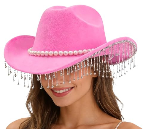 Zqkimzi Bärbar strass-cowboyhatt, mode glittrande brett brätte, silver strass västerländsk cowboy med pärlaccenter, festhatt med justerbar passform, uttalande tillbehör med glitterglans