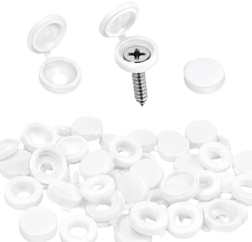 150 Pcs White Hinged Screw Cover Caps 5mm Flip Top for Furniture Cabinets | Durable PE plastic, hinged flip-top design, rust-proof screw protection, ideal for cabinets, furniture and DIY projects