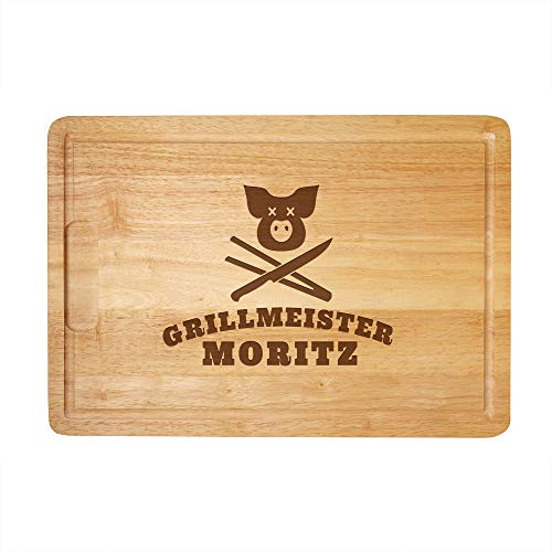 Casa Vivente Schneidebrett aus Holz mit personalisierter Gravur für Grillmeister, Geschenk für Männer, Motiv Schwein Grillmeister, 40,5 x 28,5 x 2 cm