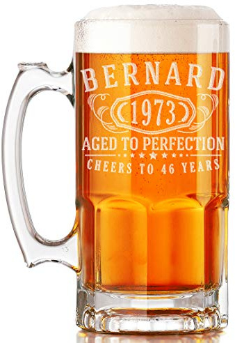 Personalized Etched 34oz Glass Beer Mug for Men - Customized Beer Gifts for Men, Groomsmen Mugs, Custom Retirement, Engraved Birthday Gifts, Father's Day, Regalos Personalizados para Hombre, Bernard