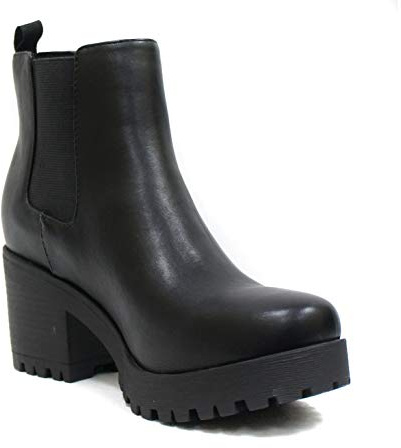 Soda Top Shoes Jaber Ankle Boot W Lug Sole Elastic Gore and Chunky Heel (BLACK PU, Medium, 8.5)