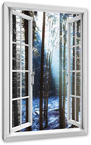 Pixxprint Sonnenschein im Winterwald, Fenster, Größe: 100x70cm, Leinwandbild, fertig gespannt, Wandbild, Dekoration, Kunstdruck, kein Poster