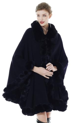 BEAUTELICATE Cappotto a Maglia Mantella Poncho in Pelliccia Sintetica Scialle con Collo Donna Stola Cardigan per Festa Matrimonio Invernale Sposa (Blu Navy, Taglia Unica)