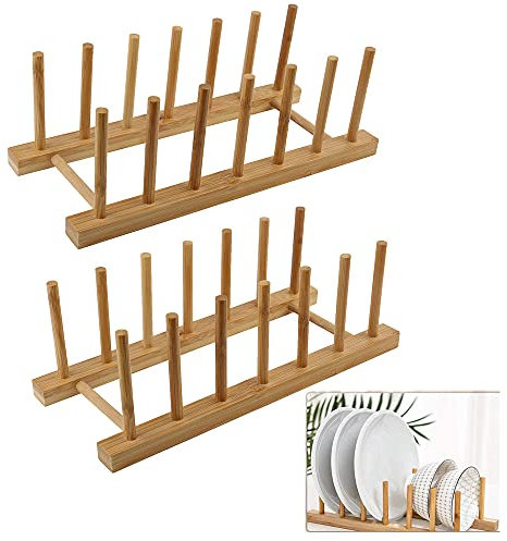 TSKDKIT 2 Stück Tellerständer Bambus Geschirrabtropfgestell Holz Teller Halter Geschirrständer Küche Topfdeckelhalter Deckelständer Tellerhalter Ständer für Schüsseln, Tassen, Schneidebrett, Buch