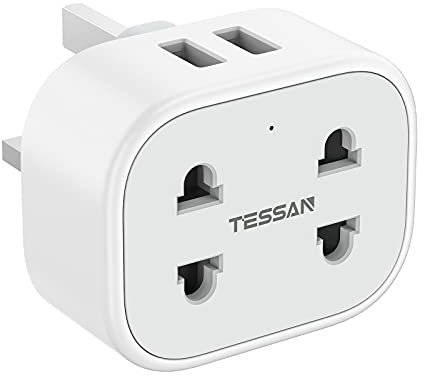 Double Shaver Plug Adaptor UK with 2 USB, TESSAN 2 Pin to 3 Pin Toothbrush Adapter Plug Socket for Bathroom Electric Razor, and EU US, 10A Fused White