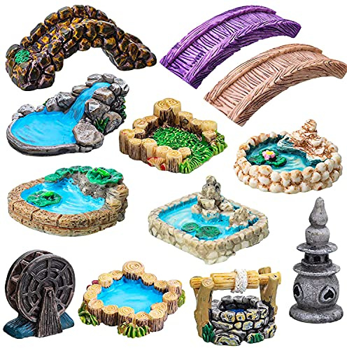 WOOPSOO 12 PCS Miniature Fairy Garden Accessories - Miniature Pond Lawn Garden Ornament Figurines, Mini Lighthouse Water Well Bridge Figurines, Micro Landscape Ornaments for DIY Kit