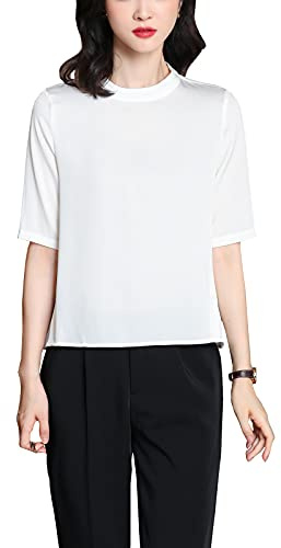 DISSA Chemise en Soie Blanc Unie Manches Courtes Col Montant Blouse À Pulls Soie Femme,3XL,S3356