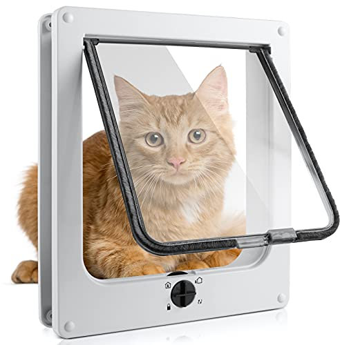 Sailnovo Cat Flap 4-Way Magnetic Lock Dog Flap Large 19.5 x 22 x 6 cm Easy Install with Telescopic Frame with Heavy Duty Quiet Magnetic Frame, M White