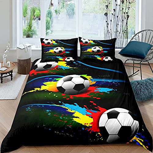 Homemissing Football Bedding Set Sports Theme Comforter Cover for Kids Teens Soccer Ball Pattern Duvet Cover Competitive Games Bedspread Room Decor Colorful 2Pcs Single