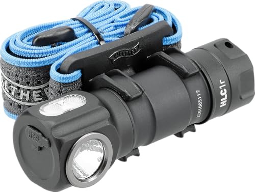 Walther HLC1r Stirnlampe, Wiederaufladbar, USB Kopflampe, IPX6 Wasserdicht, inkl. Akku 18350, Ladekabel, MOLLE-Clip, Handschlaufe und Ersatzdichtung