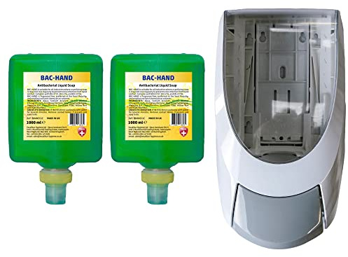 Opus Bac-Hand Antibacterial Soap 1L x 2 and Dispenser - Hand Wash Cartridge Refills Bulk Buy - Fragrance-Free Sanitising Liquid Soap - Cosmetic Grade Industrial Antibacterial Hand Wash