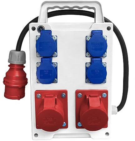 Hilark Stromverteiler für Baustelle, mit 6 Klappsteckdosen, IP44 / IP54 und Kabel (1m Kabel, 1x16 A, 1x32 A, 4x16A, 230V)