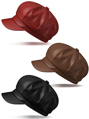 Funtery 3 Pcs Women Newsboy Hats PU Leather Visor Beret Cabbie Hat 8 Panel Vintage Women Fiddler Cap Faux Leather Baker Hat(Khaki, Red, Black)