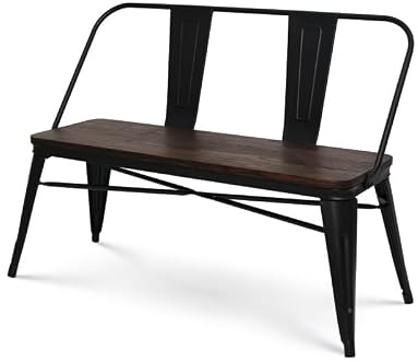 KOSMI - Bank aus mattschwarzem Metall mit Rückenlehne und Sitzfläche aus dunklem Holz - Industrial Style