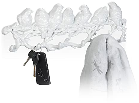 Relaxdays Garderobstång fågel, gjutjärn, H x B x D: 13 x 36,5 x 4,5 cm, 6 garderobskrokar, antik nyckelbräda, vit