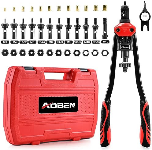 AOBEN Herramienta de Tuerca de Remache de 16 Pulgadas, Kit Profesional de Ajuste de Tuercas de Remache Manual con 12 Mandriles métricos y SAE Intercambiables, 145 Remaches y Funda de Transporte