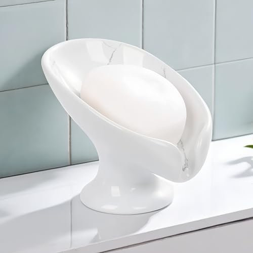 Umlaca Soap Dish Ceramic, Self Draining Soap Holder Keep Soap Dry, Leaf Shape Soap Tray Vintage, Suitable for Kitchen, Bathroom, Shower (Marble)