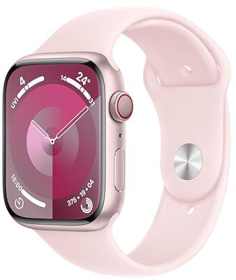 Apple Watch Series 9 (45 mm GPS + Cellular) Smartwatch avec boîtier Aluminium Rose et Bracelet Sport Rose pâle (M/L). Suivi de l’activité Physique, apps Oxygène sanguin et ECGrésistance à l’Eau