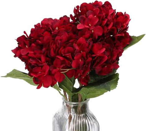 PATIKIL Hortensia Artificielle Fleurs, 3pcs Faux Hortensia Fleurs Artificielle Hortensias Faux Soie Faux Fleurs dans Vase Véritable Toucher pour Maison Table Décorations, Rouge