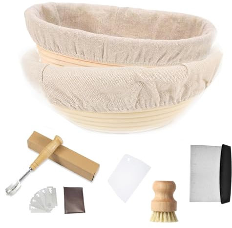 JETAINE Bread Proofing Basket Starter kit, 9Inch Round+10Inch Oval Banneton Proving Basket, Sourdough Bread Making Accessories with Liner+Bread Lame+Dough Scraper+Bamboo Brush, Baking Gifts for Baker
