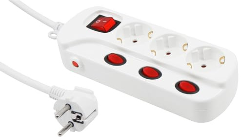 3-fach Steckdosenleiste mit Einzelschaltung, 45° gedrehte Steckdosen, 3.600W, 230V, 16A, H05VV-F 3G1,5 Kabel, 1,5m Zuleitung, AN/AUS Schalter, Einsteckschutz, Überlastschutz, Überspannungsschutz