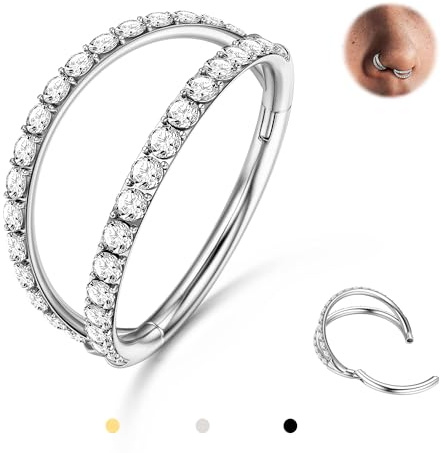 BodyBonita Double Hoop Nose Ring - Silver 316L Stainless Steel Septum Clicker 18G CZ Conch Piercing Jewelry Helix Rook Tragus Lip Rings Cartilage Earring 8 mm