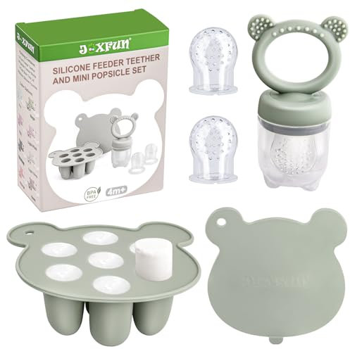 JEXFUN Fruchtsauger Baby ab 6 Monate, Obstschnuller für Babys mit Silikone Babynahrung Aufbewahrung Tablett, Zahnungshilfe Baby Kühlend, 3 Größen für Kleinkinder von 4 Monaten, BPA-frei-Grün