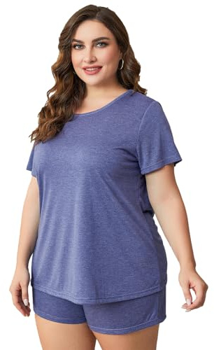 Jamron Mujer Tallas Grandes Pijamas Camisetas de Manga Corta y Pantalones Cortos Verano Ropa de Dormir Ropa de Casa Azul 4XL