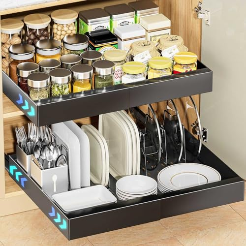 KADIO Teleskopschublade, Verstellbare Breite Ausziehbarer Schrank-Organizer, Metall Pull Out Cabinet Organizer, Auszug Küchenschrank Küche Organizer Schrank, Kein Bohren, ür Viele Anlässe Geeignet