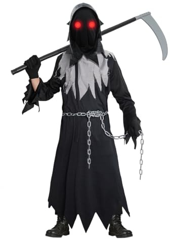 Aurasky Deguisement Faucheuse Enfant, Deguisement Halloween Enfant avec Faucille Lunettes Gants Chaîne à la Taille, Halloween Costume, pour Halloween Carnaval Cosplay Fête