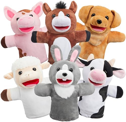 JOYIN 6 Stück Tier Handpuppen Spielzeug Set für Kinder,Freunde Im Tiergarten, Deluxe plüschtiere Kinderhandpuppen mit beweglichem offenem Mund für EIN fantasievolles Spiel