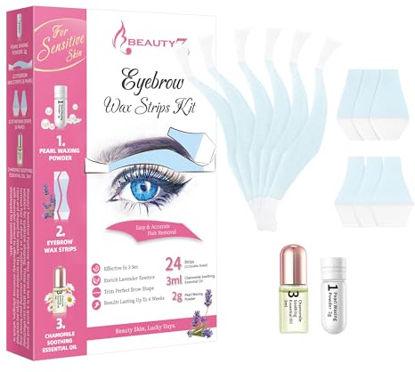 Bandes de Cire Froide Sourcils Dépilatoire Visage,- Peaux Sensible - 24 Bandes de Cire Prédécoupées avec Poudre de Perle 2g et Huiles Essentielles Apaisantes 3g,
