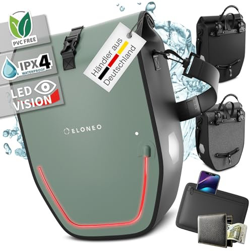 ELONEO Fahrradtasche für Gepäckträger mit LED Licht, 20L - 100% wasserdicht mit Tragegriff und Schultergurt, Fahrradtasche Gepäckträger, Fahrrad Gepäckträgertasche, mintgrün