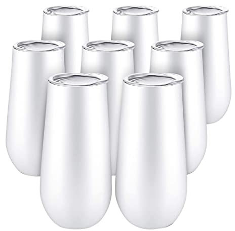 Gokoti 8Packs Stemless Champagne Flutes Wine Tumbler, 6 OZ Double-Insulated Wine Tumbler with Lids Cocktail Cups White