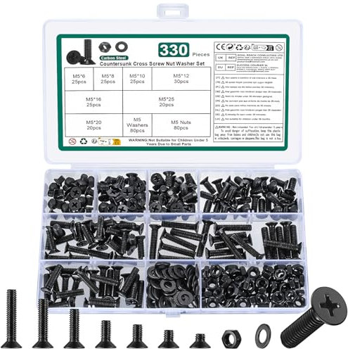 330 Pz M5 Viti e Dadi Set, Bulloni a Testa Svasata Croce, Viti a Testa Piatta con Rondelle, Set di Dadi e Bulloni a Croce Assortimento Kit Nera
