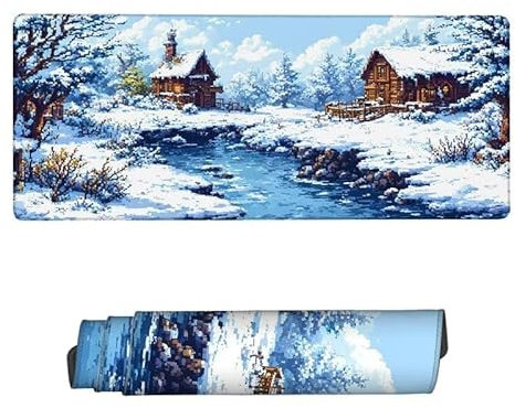 Tapis de Souris XXL 1200x600x3mm, Tapis de Souris Blanc sous Main Bureau, Tapis Souris Scène Neige Tapis de Souris Gamer Imperméable Antidérapant, Tapis de Bureau avec Bords Surpiqués, Cadeaux RS-131