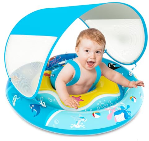 ACELIFE Flotador hinchable para bebé, flotador con protección solar UPF50+ y asiento de seguridad ajustable, flotador para niños de 6 a 36 meses