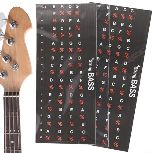 Gitarren-Aufkleber, 4/5-saitige Bassgitarre, Noten-Karten-Aufkleber, farbcodierte Bassgitarren-Aufkleber, Lernskala, Notenplatzierung (vier Saiten)