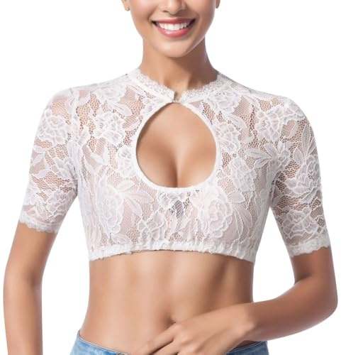 XFSRG Camicia Donna Elegante Maniche Corte in Pizzo Tradizionale Dirndl Bluse in Pizzo Sexy Trasparente Camicetta per Bavarese Oktoberfest(Bianco/S)