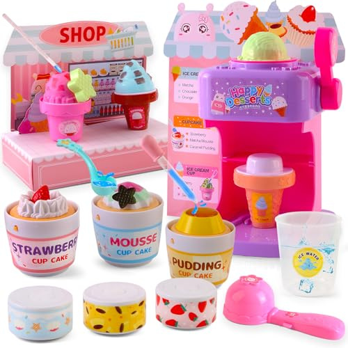 Varrotoy Ice Cream Maker Toy Set for Kids, Colour Changing Food Toys, Interactive Role Play Ice Cream Machine, Pretend Play Kitchen Toy, Gift for Girls Toddler 2 3 4 5+ Years