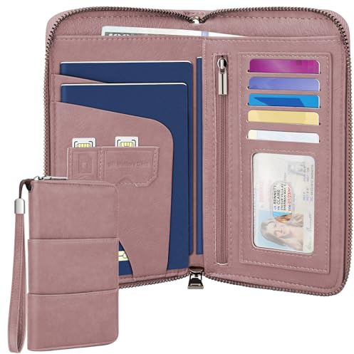 Faneam Reisepass Tasche Familie, Reiseorganizer für Dokumente mit RFID Schutz, Reiseorganizer aus PU-Leder, Tragbare Reisepasshülle Ausweistasche für Pässe, Karten, Bargeld (Rosa)