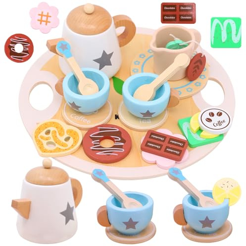 Juego de té para niños de madera Kunaxku - Juego de rol de Tea Party para Cocina Juguete, Accesorios para Niños de Madera para Pequeños Chefs